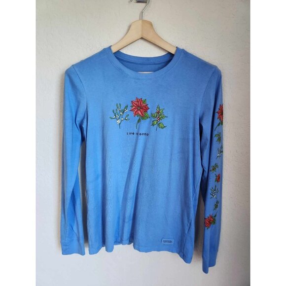 Life is Good Holiday Flowers Cotton Tee, Short sleeve Graphic Crew Neck T-Shirt - Picture 1 of 8